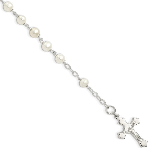 925 Sterling Silver and Freshwater Cultured Pearl Rosary 8.5 inch Bracelet