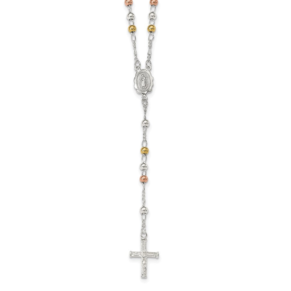 Sterling Silver Yellow & Rose Flash Gold-plated Rosary Necklace 24"