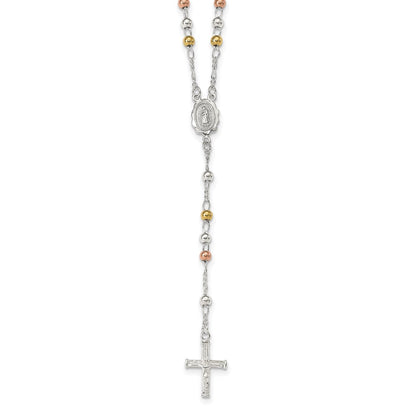 Sterling Silver Yellow & Rose Flash Gold-plated Rosary Necklace 24"