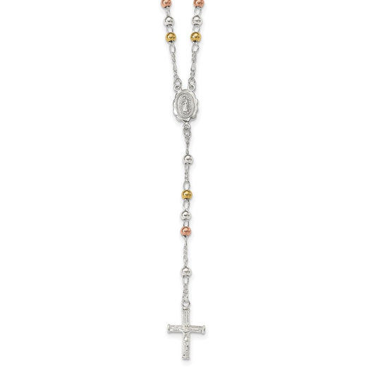 Sterling Silver Yellow & Rose Flash Gold-plated Rosary Necklace 24"