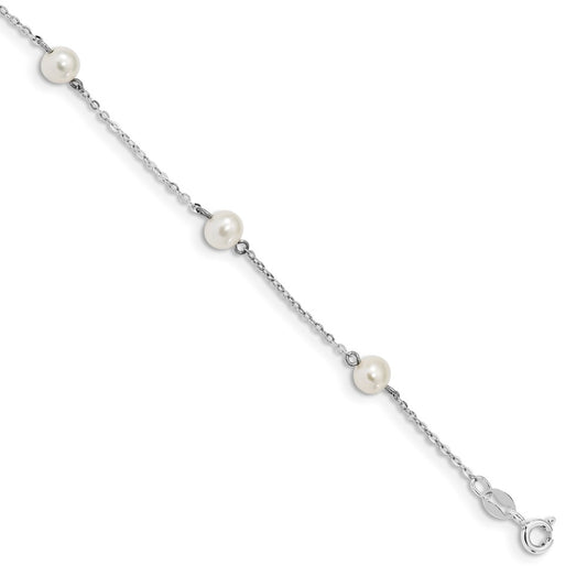 925 Sterling Silver Rhodium-plated 5-6mm White Round Freshwater Cultured Pearl 5-Station 7 inch Bracelet