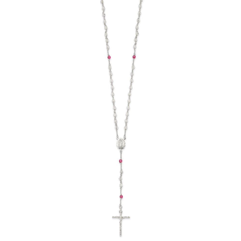 Sterling Silver Polished Crystal Rose Quartz Rosary Necklace 21.5"