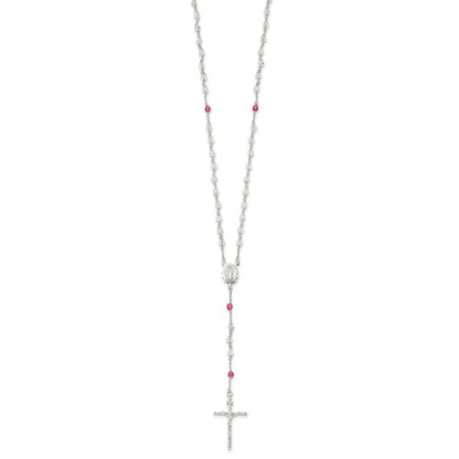 Sterling Silver Polished Crystal Rose Quartz Rosary Necklace 21.5"