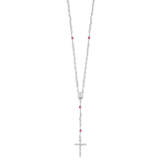 Sterling Silver Polished Crystal Rose Quartz Rosary Necklace 21.5"