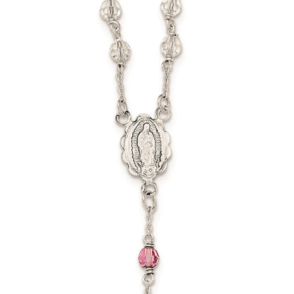 Sterling Silver Polished Crystal Rose Quartz Rosary Necklace 21.5"