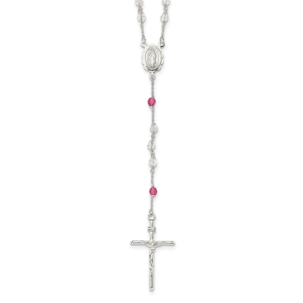 Sterling Silver Polished Crystal Rose Quartz Rosary Necklace 21.5"