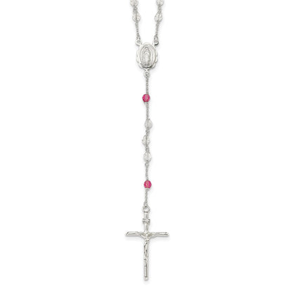 Sterling Silver Polished Crystal Rose Quartz Rosary Necklace 21.5"