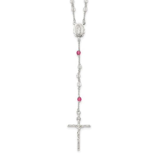 Sterling Silver Polished Crystal Rose Quartz Rosary Necklace 21.5"