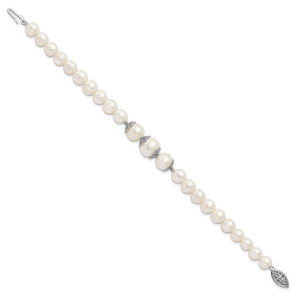 925 Sterling Silver Rhodium-plated 7-10mm White Near-Round Freshwater Cultured Pearl Fancy 7 inch Bracelet