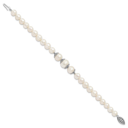 925 Sterling Silver Rhodium-plated 7-10mm White Near-Round Freshwater Cultured Pearl Fancy 7 inch Bracelet