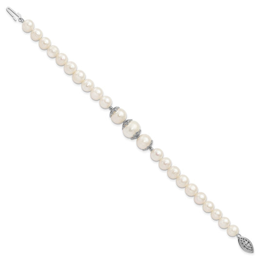 925 Sterling Silver Rhodium-plated 7-10mm White Near-Round Freshwater Cultured Pearl Fancy 7 inch Bracelet