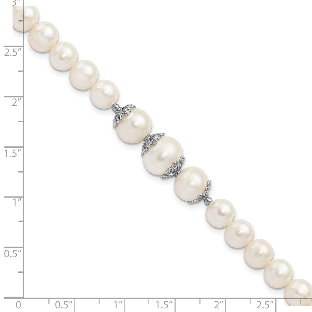 925 Sterling Silver Rhodium-plated 7-10mm White Near-Round Freshwater Cultured Pearl Fancy 7 inch Bracelet