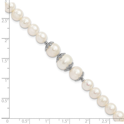 925 Sterling Silver Rhodium-plated 7-10mm White Near-Round Freshwater Cultured Pearl Fancy 7 inch Bracelet
