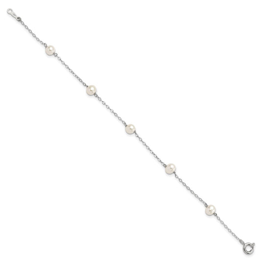 925 Sterling Silver Rhodium-plated 4-5mm White Semi-Round Freshwater Cultured Pearl 5-Station 7 inch Bracelet