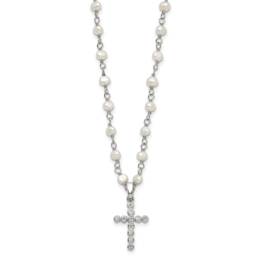 Sterling Silver 4-5mm White Freshwater Cultured Pearl and Cubic Zirconia Cross Necklace 18"