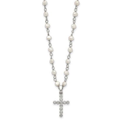 Sterling Silver 4-5mm White Freshwater Cultured Pearl and Cubic Zirconia Cross Necklace 18"