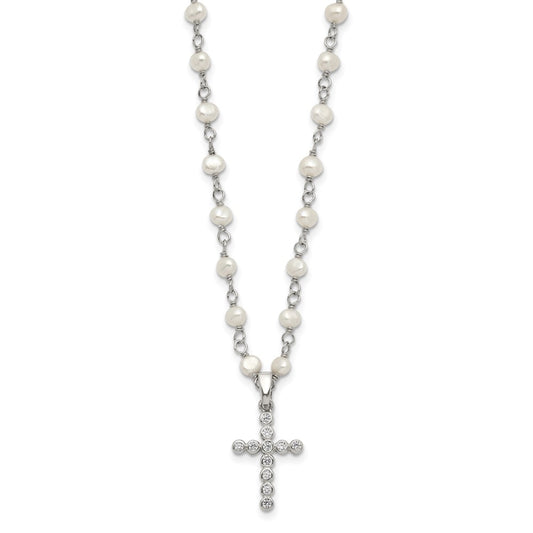 Sterling Silver 4-5mm White Freshwater Cultured Pearl and Cubic Zirconia Cross Necklace 18"