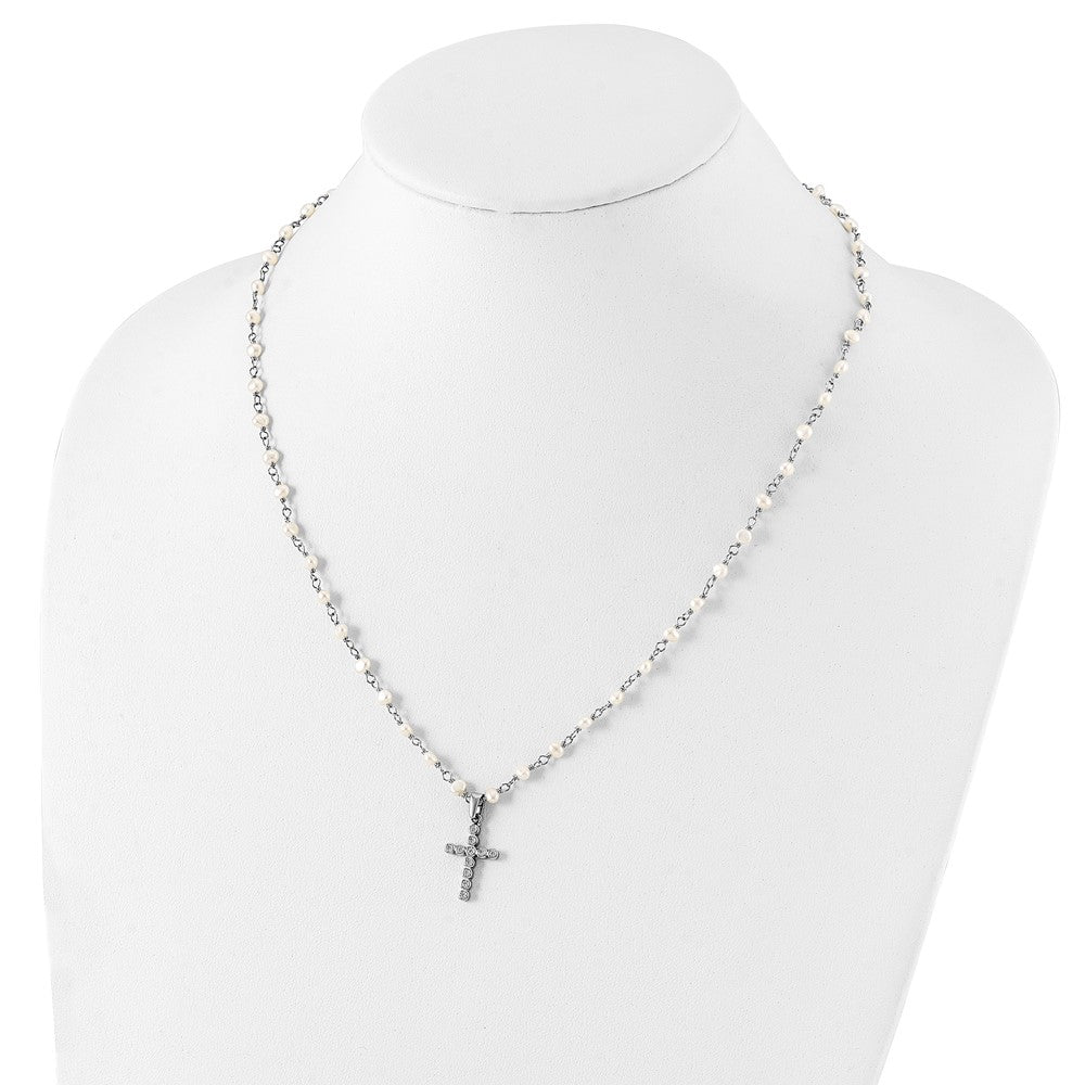 Sterling Silver 4-5mm White Freshwater Cultured Pearl and Cubic Zirconia Cross Necklace 18"