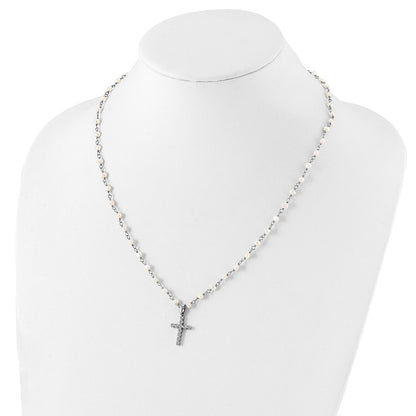 Sterling Silver 4-5mm White Freshwater Cultured Pearl and Cubic Zirconia Cross Necklace 18"