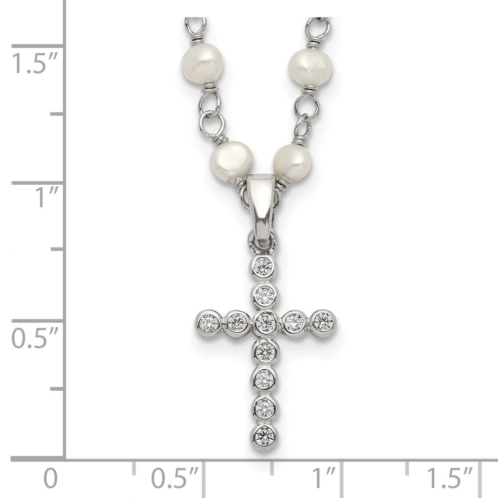Sterling Silver 4-5mm White Freshwater Cultured Pearl and Cubic Zirconia Cross Necklace 18"