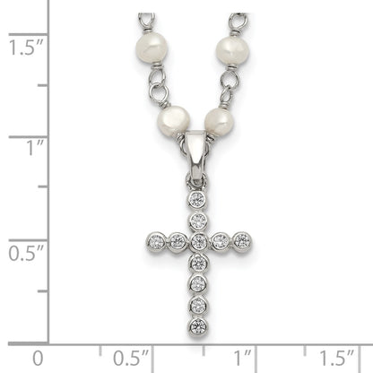 Sterling Silver 4-5mm White Freshwater Cultured Pearl and Cubic Zirconia Cross Necklace 18"