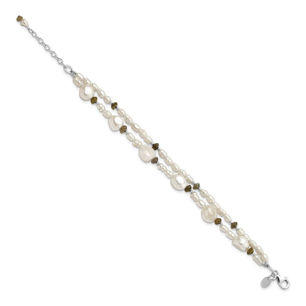 925 Sterling Silver Labradorite and Freshwater Cultured Pearl 2-Strand 6 Inch Bracelet
