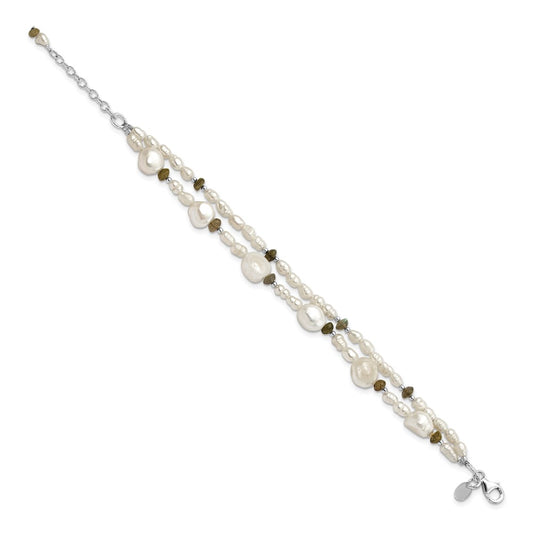925 Sterling Silver Labradorite and Freshwater Cultured Pearl 2-Strand 6 Inch Bracelet