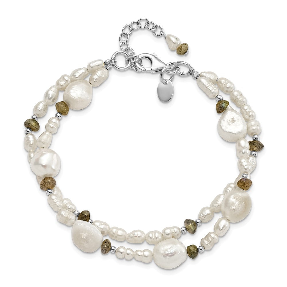 925 Sterling Silver Labradorite and Freshwater Cultured Pearl 2-Strand 6 Inch Bracelet
