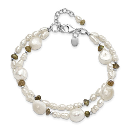 925 Sterling Silver Labradorite and Freshwater Cultured Pearl 2-Strand 6 Inch Bracelet