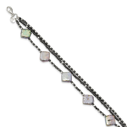 925 Sterling Silver Hematite and Freshwater Cultured Cult. Pearl 3-Strand Fancy Bracelet 8 Inch