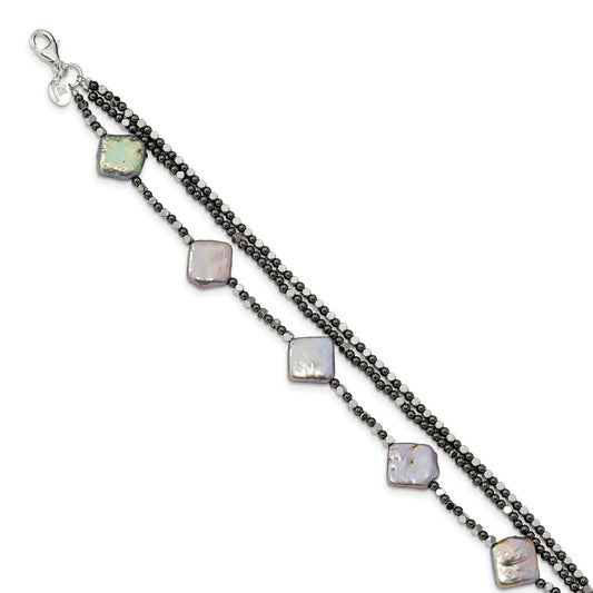 925 Sterling Silver Hematite and Freshwater Cultured Cult. Pearl 3-Strand Fancy Bracelet 8 Inch