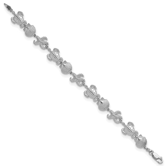 925 Sterling Silver Rhodium-plated Polished Turtle / Shell / Starfish Bracelet 7.5 inch