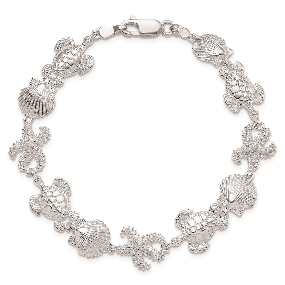 925 Sterling Silver Rhodium-plated Polished Turtle / Shell / Starfish Bracelet 7.5 inch