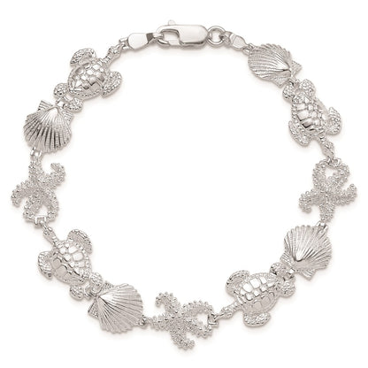 925 Sterling Silver Rhodium-plated Polished Turtle / Shell / Starfish Bracelet 7.5 inch