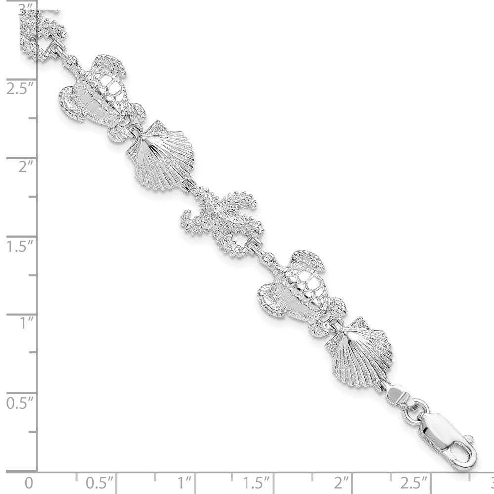 925 Sterling Silver Rhodium-plated Polished Turtle / Shell / Starfish Bracelet 7.5 inch