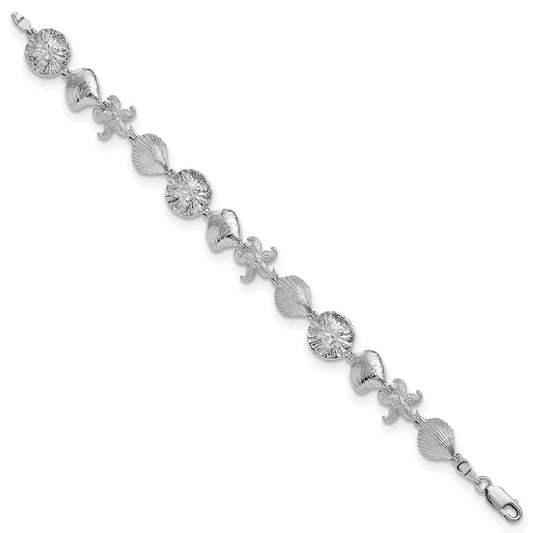 925 Sterling Silver Rhodium-plated Polished Starfish / Shells / Sand Dollar Bracelet 7 inch