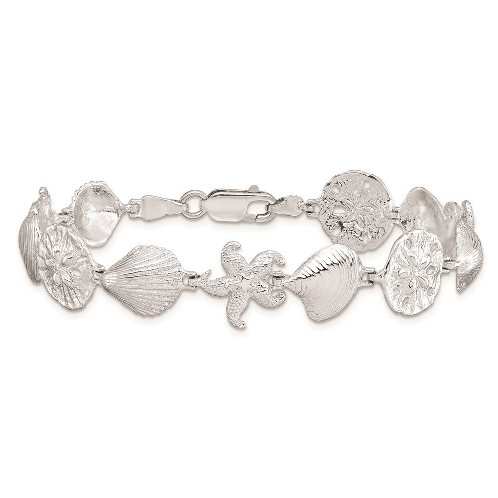 925 Sterling Silver Rhodium-plated Polished Starfish / Shells / Sand Dollar Bracelet 7 inch