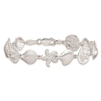 925 Sterling Silver Rhodium-plated Polished Starfish / Shells / Sand Dollar Bracelet 7 inch