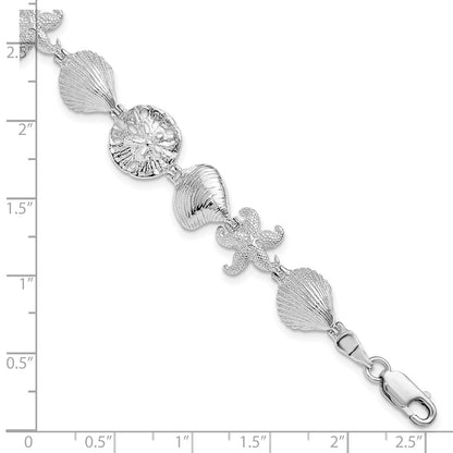 925 Sterling Silver Rhodium-plated Polished Starfish / Shells / Sand Dollar Bracelet 7 inch