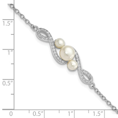 925 Sterling Silver Rhodium-plated 4-7mm White Button Freshwater Cultured Pearl and Cubic Zirconia 7 inch with 2 inch Extension Bracelet