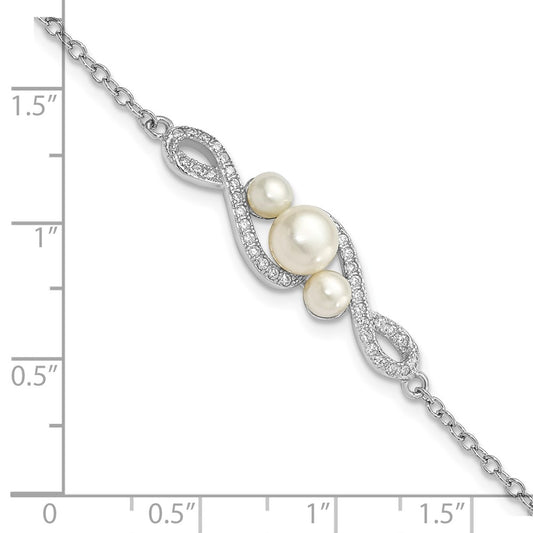 925 Sterling Silver Rhodium-plated 4-7mm White Button Freshwater Cultured Pearl and Cubic Zirconia 7 inch with 2 inch Extension Bracelet
