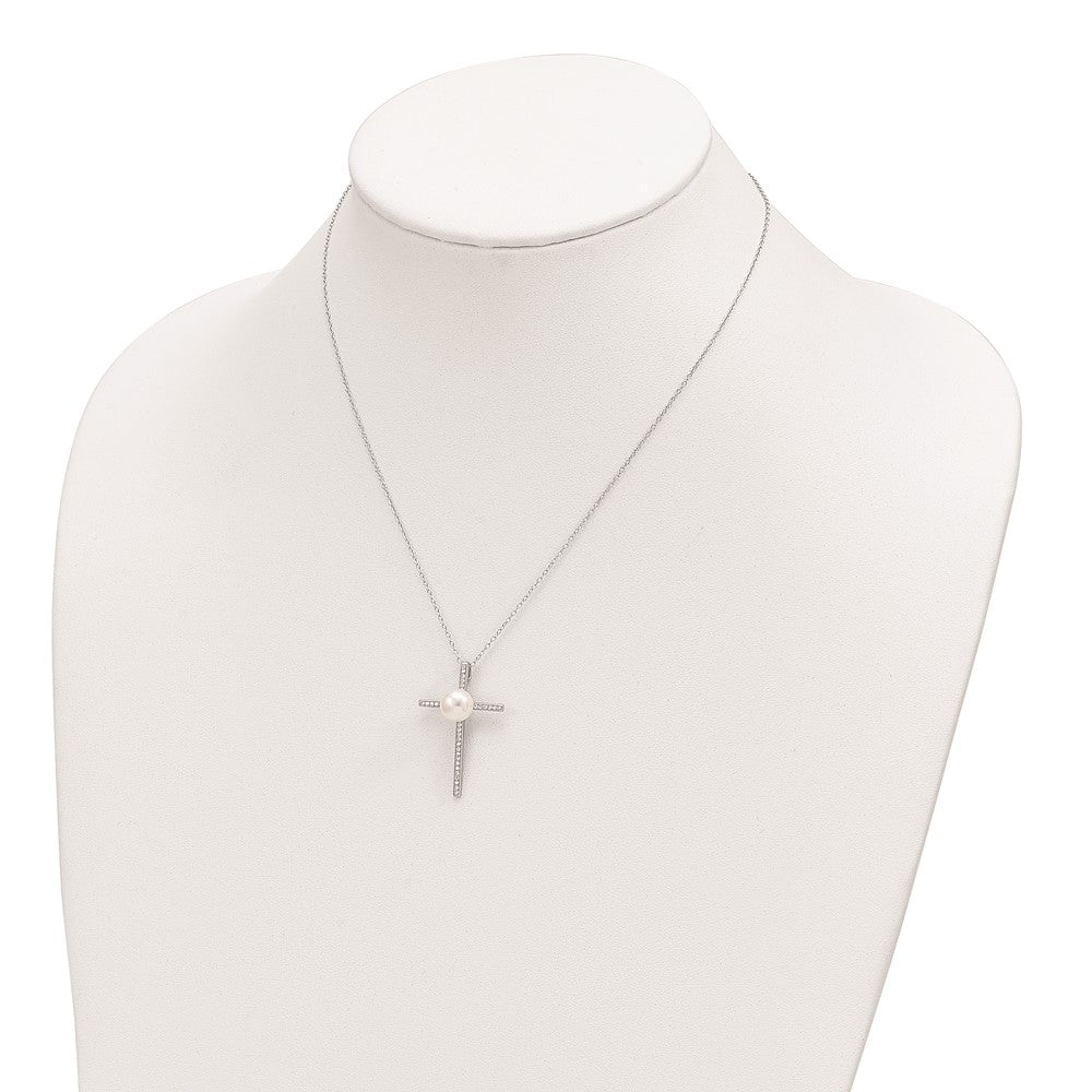 Sterling Silver 8-9mm Button Cultured Pearl Cubic Zirconia Cross Necklace 17"
