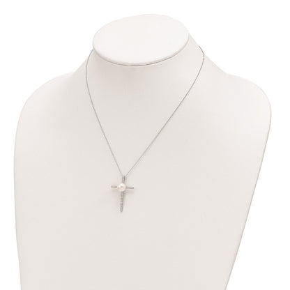 Sterling Silver 8-9mm Button Cultured Pearl Cubic Zirconia Cross Necklace 17"
