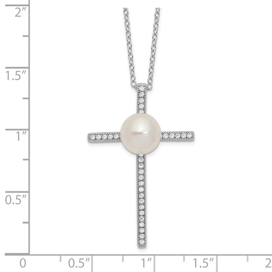 Sterling Silver 8-9mm Button Cultured Pearl Cubic Zirconia Cross Necklace 17"