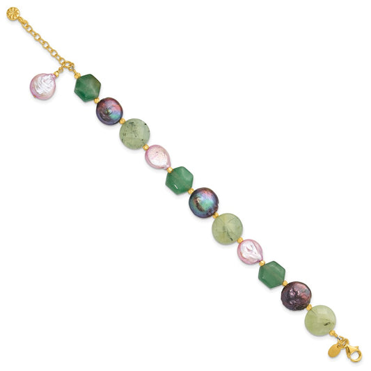 925 Sterling Silver Gold-plated Freshwater Cultured Pearl/Multi Stone 8.5 inch Bracelet