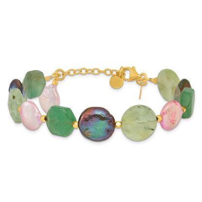 925 Sterling Silver Gold-plated Freshwater Cultured Pearl/Multi Stone 8.5 inch Bracelet