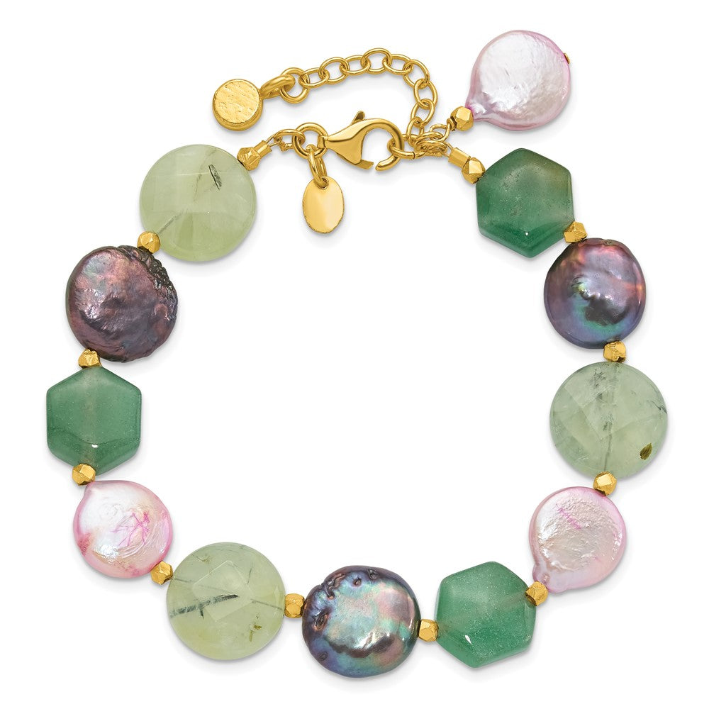 925 Sterling Silver Gold-plated Freshwater Cultured Pearl/Multi Stone 8.5 inch Bracelet
