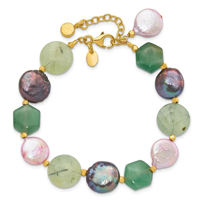 925 Sterling Silver Gold-plated Freshwater Cultured Pearl/Multi Stone 8.5 inch Bracelet