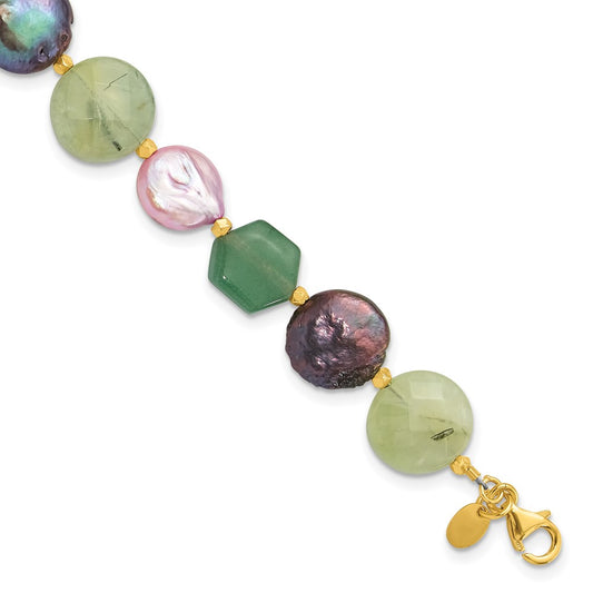 925 Sterling Silver Gold-plated Freshwater Cultured Pearl/Multi Stone 8.5 inch Bracelet