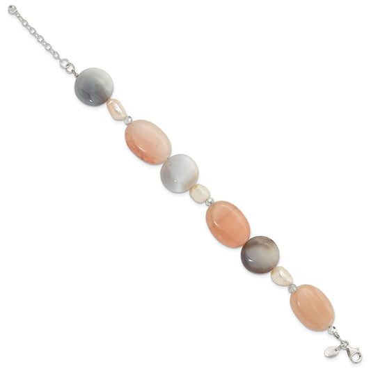 925 Sterling Silver Agate, Aventurine, Crystal and Freshwater Cultured Pearl 9 inch Bracelet